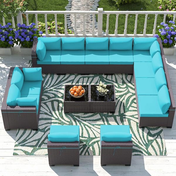 Halmuz 14-Piece Wicker Outdoor Sectional Set with Cushions Blue