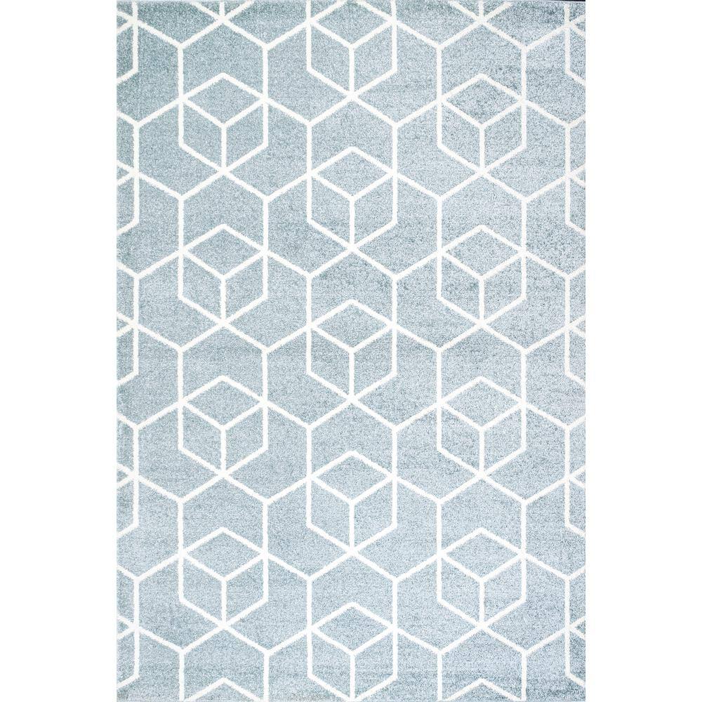 Light Blue and White Geometric 4' x 6' Area Rug