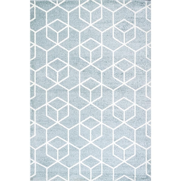 Tumbling Blocks Modern Geometric Light Blue/White 8 ft. x 10 ft. Area Rug
