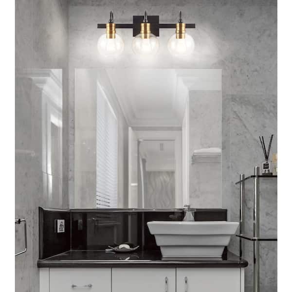 JONATHAN Y 21.5 in. 3-Light Black/Brass Gold Iron/Glass Rustic Vintage LED Vanity Light - The Depot