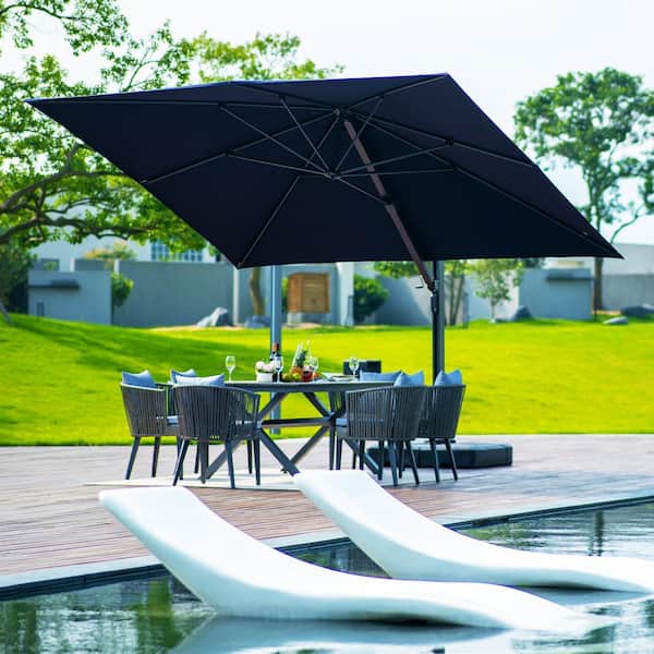 10 ft. x 13 ft. Large Outdoor Aluminum Cantilever 360° Rotation Patio Umbrella with Base, Navy Blue