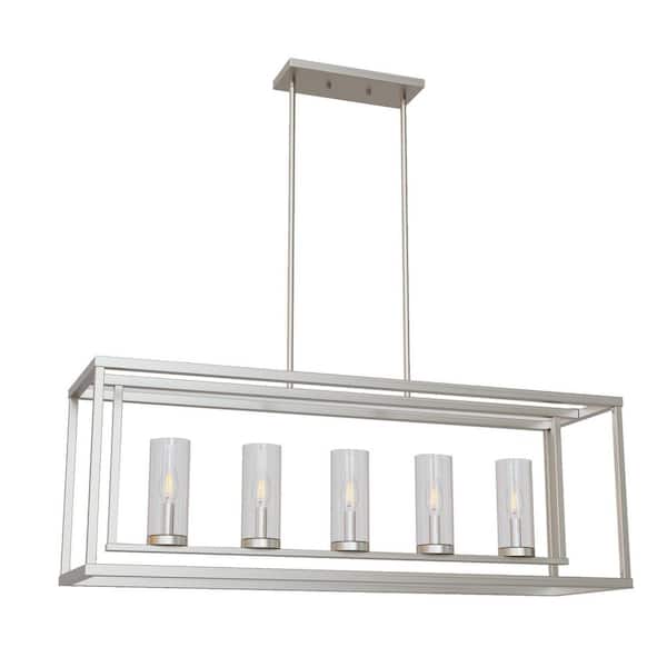 5-Light Nickel Modern Candle Chandelier, Linear Island Pendant Light with Clear Glass Shades for Dining Room, Kitchen