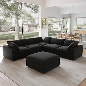 120.45 in. Square Arm Linen Velvet 6-piece Free Combination Modular Sectional Sofa with Storage Ottoman in Black