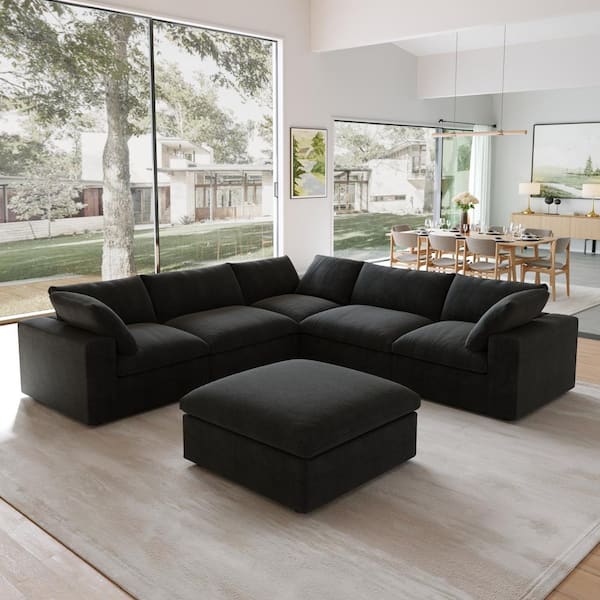 J&E Home 120.45 in. Square Arm Linen Velvet 6-piece Free Combination Modular Sectional Sofa with Storage Ottoman in Black