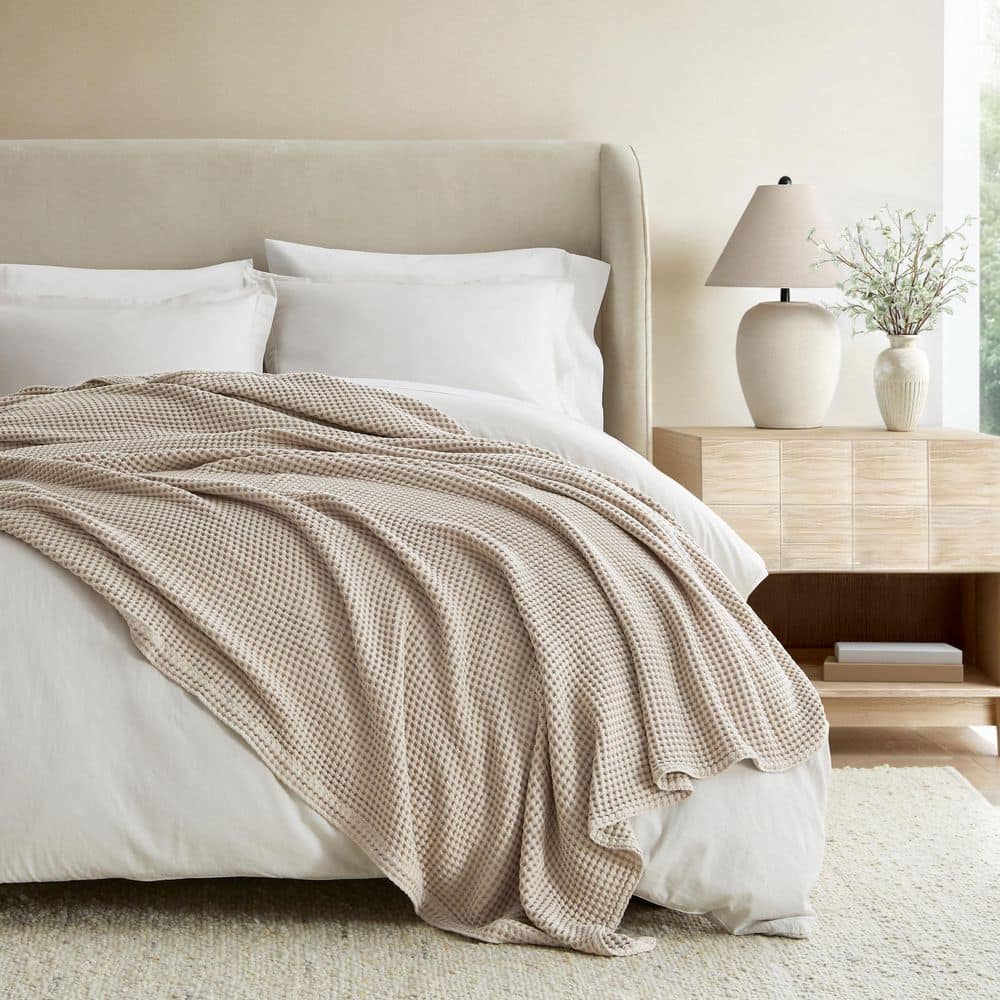 Becky Cameron Tan 100% Cotton Soft Waffle Weave King Bed Blanket