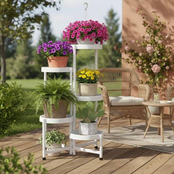 5-Tier White Folding Metal Corner Plant Stand with Tray, Indoor