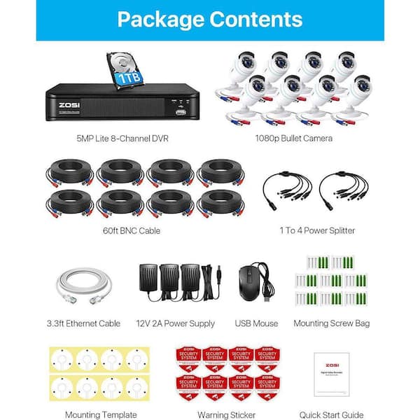 ZOSI H.265+ 8-Channel 5MP-LITE DVR 1TB Hard Drive Security Camera