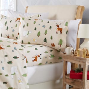 4-Piece Beige Holiday Themed 100% Turkish Cotton Queen Premium Flannel Sheet Set