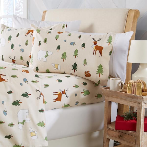 FRESHFOLDS 4-Piece Beige Holiday Themed 100% Turkish Cotton Queen Premium Flannel Sheet Set