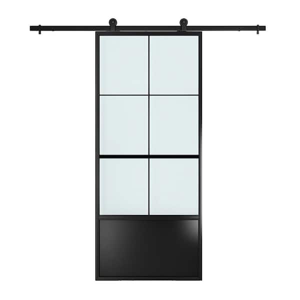 grossag 36 in. x 84 in. 6 Lite Frosted Glass Sliding Barn Door with Black Steel Frame and Hardware Kit Included