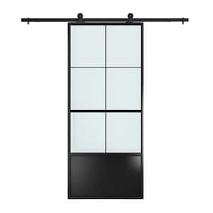 36 in. x 84 in. 6 Lite Frosted Glass Sliding Barn Door with Hardware Kit Included, Black Steel Frame