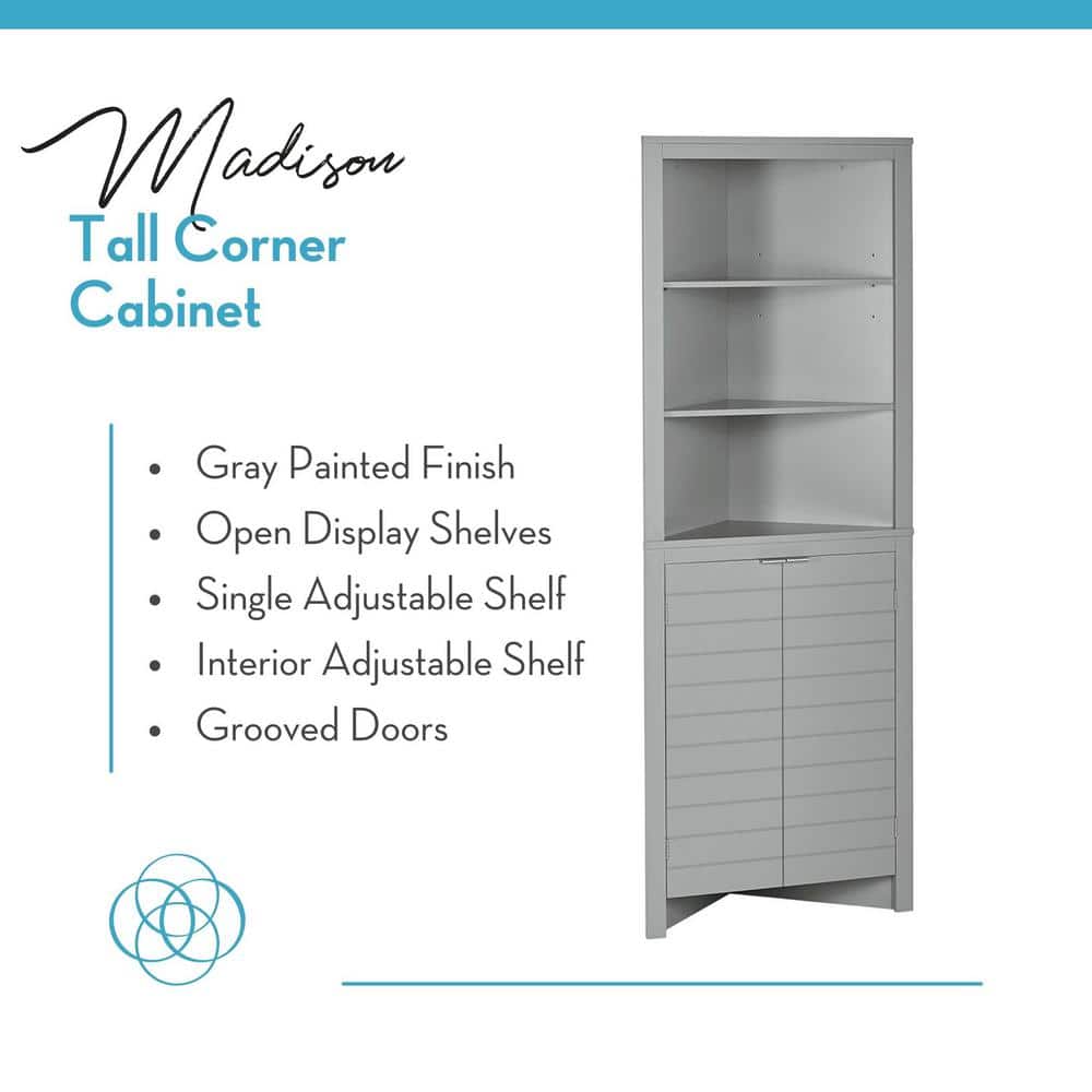 Gray Tall Corner Bathroom Storage Cabinet with Adjustable Shelving