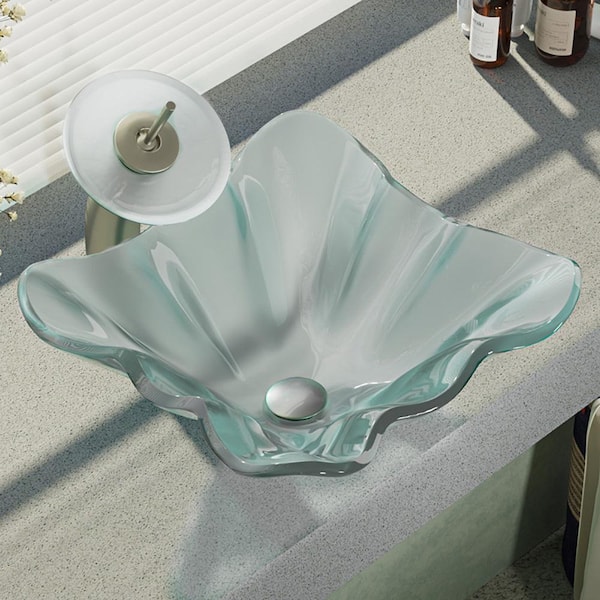 Rene Glass Vessel Sink in Frosted with Waterfall Faucet and Pop-Up Drain in Brushed Nickel