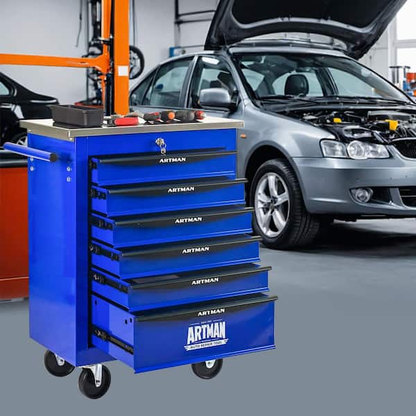 13.58 in. W 6-Drawer Rolling Blue Black Metal Tool Cart with Armrests w/ Drawer Slides & Steel Tool Storage Organizer