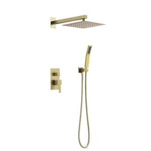 Square Single Handle 2-Spray Shower Faucet, Wall Mount 10 in. Shower Head 1.5 GPM with Drip Free in. Brushed Gold