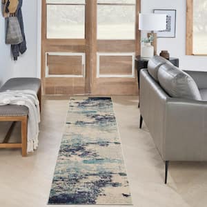 Celestial Ivory/Teal Blue 2 ft. x 10 ft. Abstract Modern Kitchen Runner Area Rug