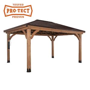 Barrington 16 ft. x 12 ft. All Gedar Wood Outdoor Gazebo Structure w/Hard Top Steel Metal Hip Roof and Electric, Brown