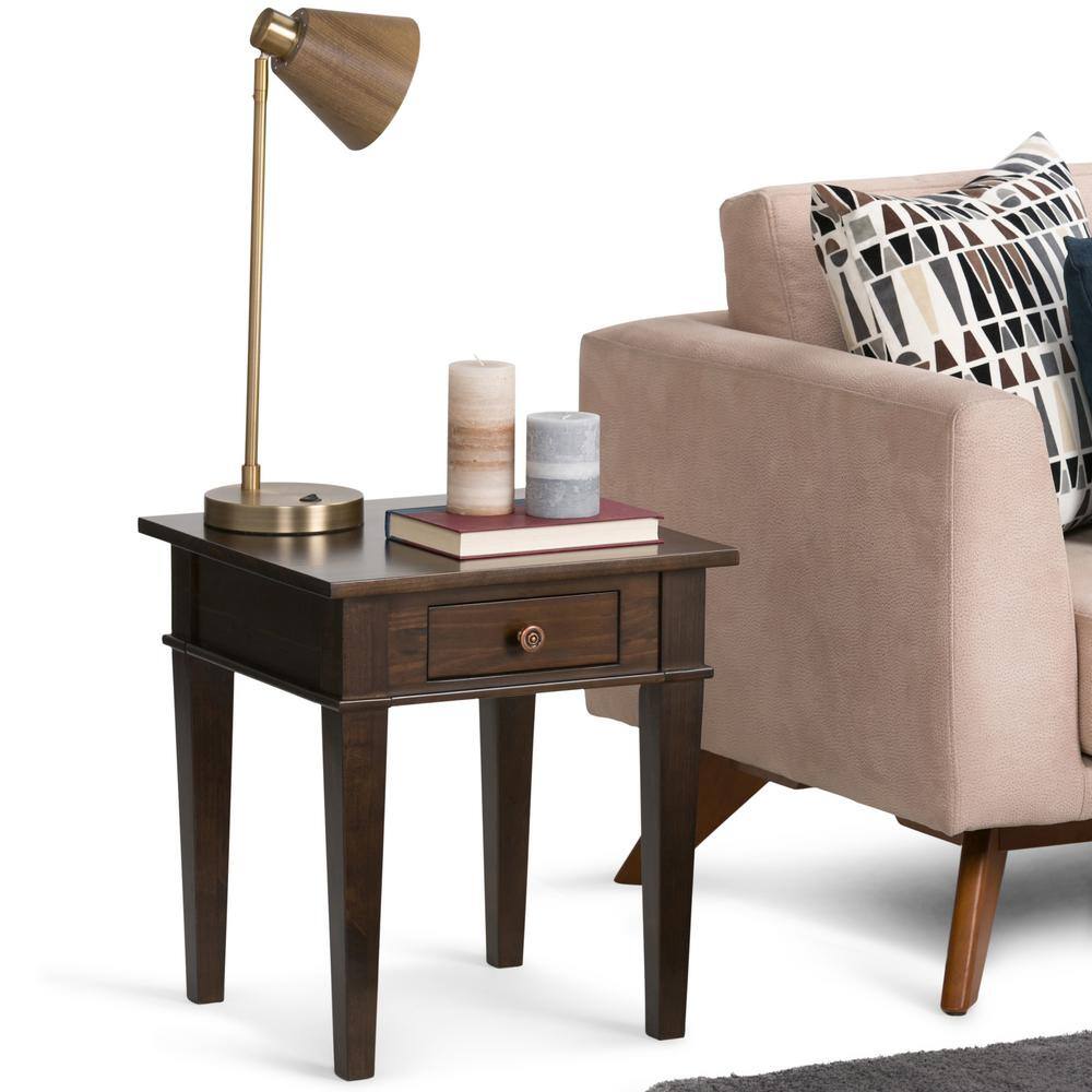 Tobacco Brown Solid Pine Square End Table with Drawer