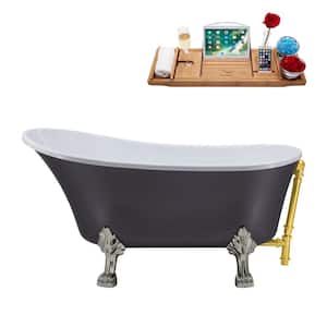 55 in. Acrylic Clawfoot Non-Whirlpool Bathtub in Matte Grey With Brushed Nickel Clawfeet And Polished Gold Drain