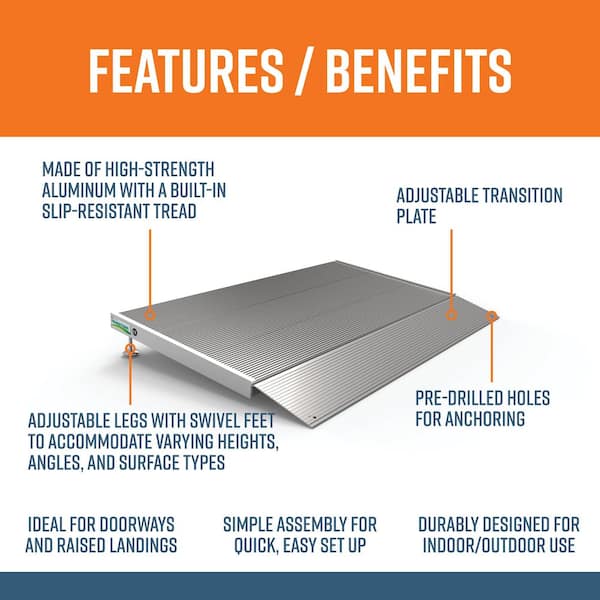 TRANSITIONS Aluminum Threshold Ramp with Adjustable Height up to 4.375 in., 24 in. L x 36 in. W