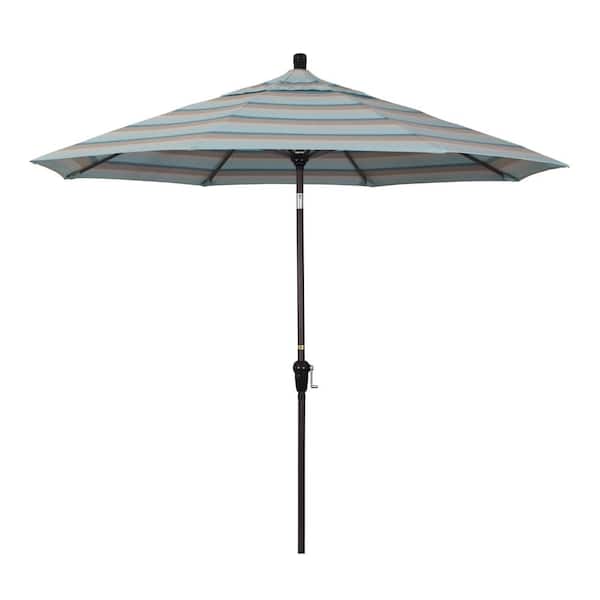 California Umbrella 9 ft. Bronze Aluminum Market Auto-tilt Crank Lift Patio Umbrella in Gateway Mist Sunbrella