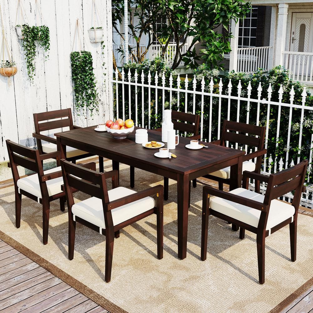 Dark Brown 7-Piece Rust-Proof and UV-Proof Acacia Wood Outdoor Dining Set w