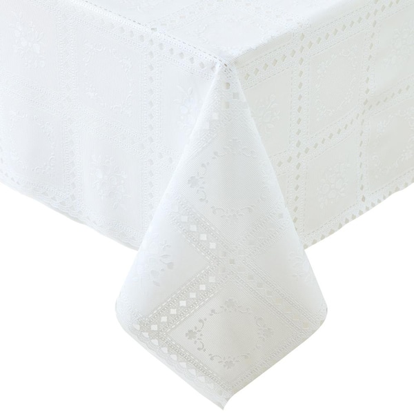 Threadmade Home Crochet Lace-Inspired 3-Yard Cut-to-fit Vinyl Tablecloth/Table Protector , White - 54"W x 108"L