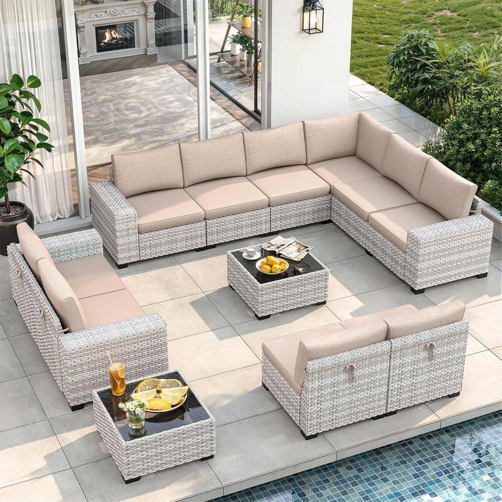 12-Piece All-Weather Wicker Outdoor Patio Sectional Conversation Set with Beige Cushions price history on PriceWatchPro