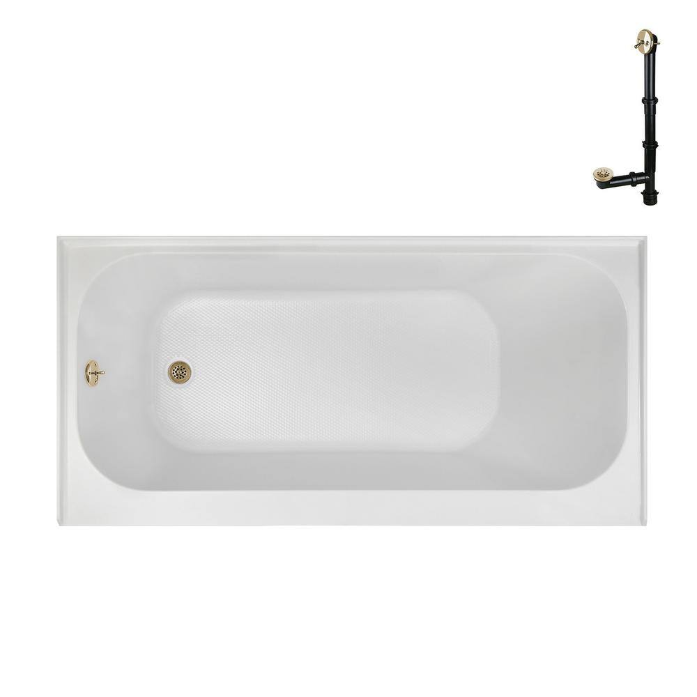 66-Inch Glossy White Acrylic Alcove Bathtub with Polished Brass Drain