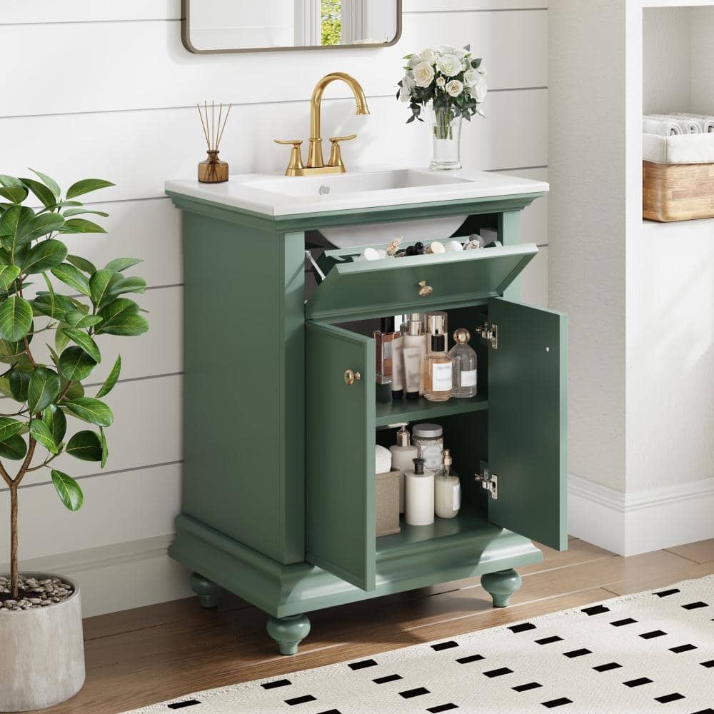 24 in.Green Freestanding Bathroom Vanity with Ceramic Single Sink,A Tip-Out Drawer & Soft-Close Doors price history on PriceWatchPro
