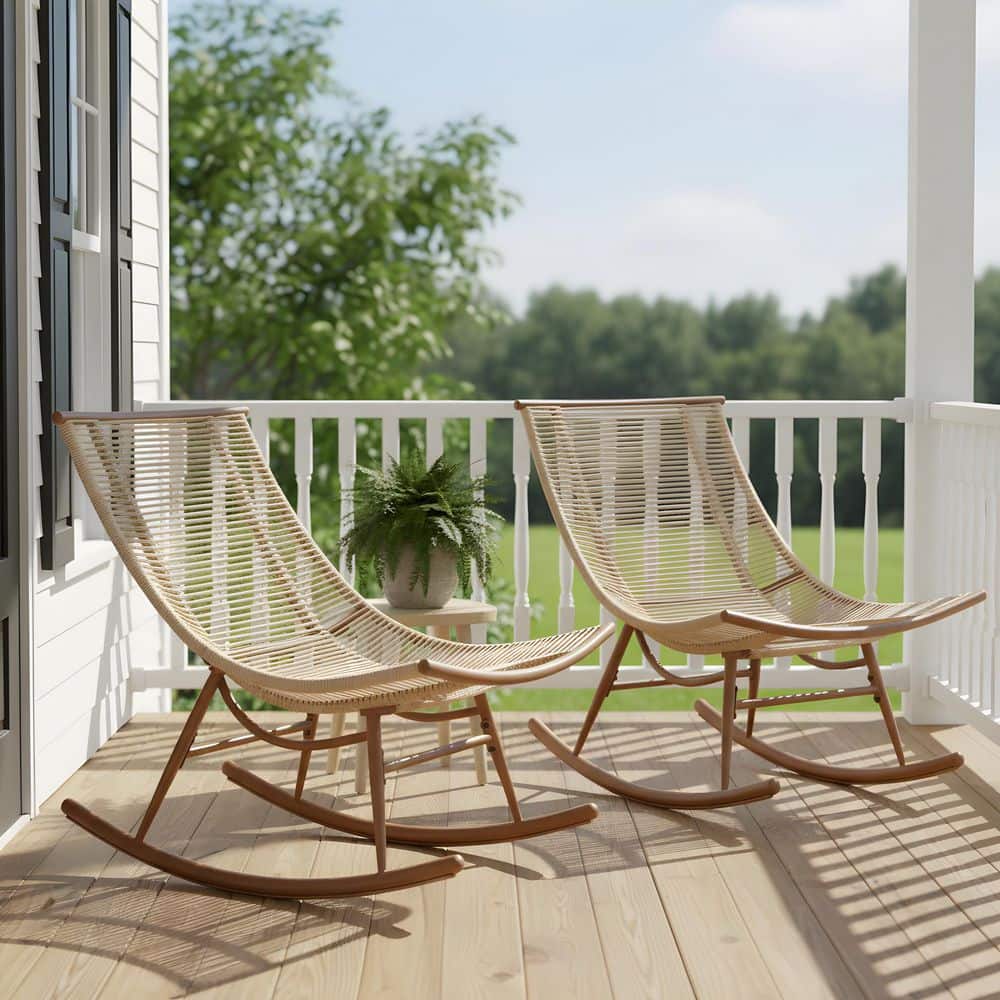 Storm Beige PE Rattan and Metal Patio Outdoor Rocking Chairs, Arc Design, Set of 2 price history on PriceWatchPro