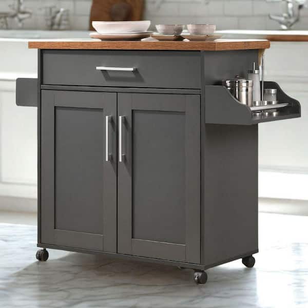 Grey Wood Top 35 in. Wide Kitchen Island Cart with Utensil Drawer, Cabinet Storage, Spice Rack & Towel Holder
