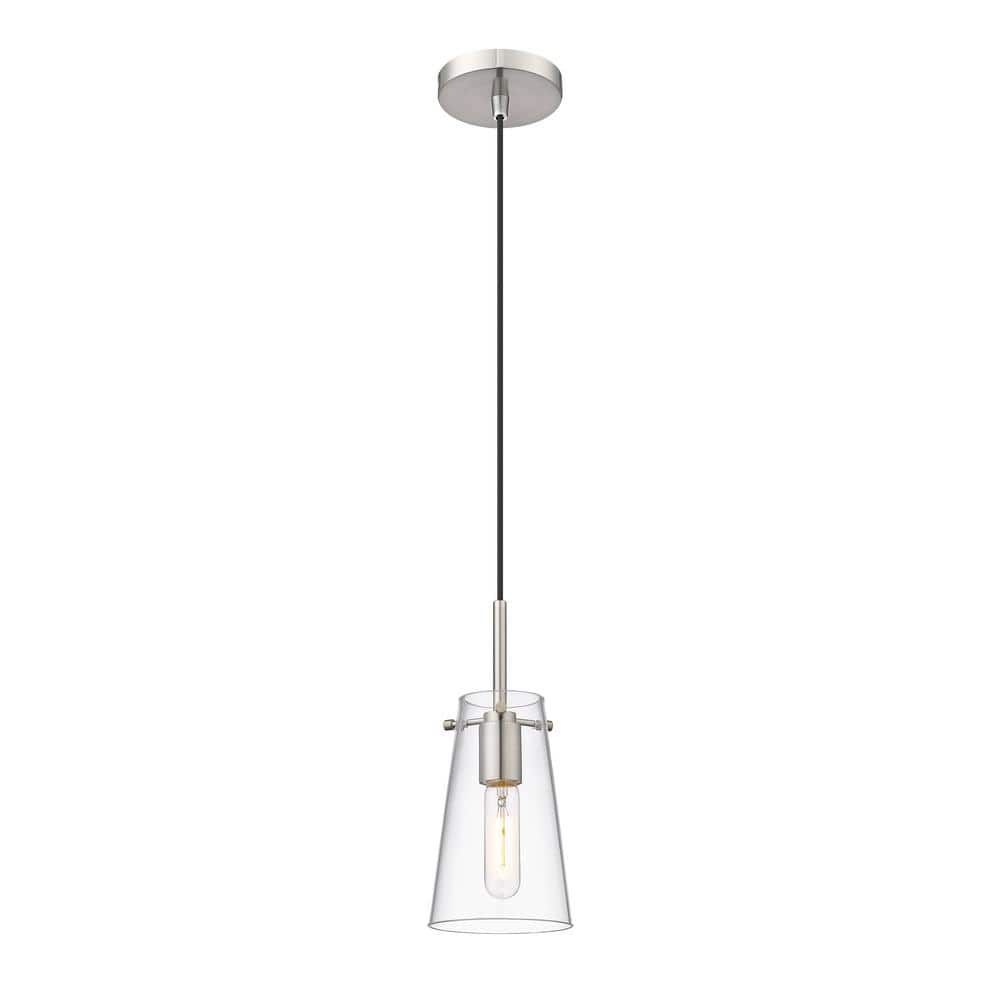 Kira 5 in. 1-Light Brushed Nickel Shaded Pendant Light with Clear Glass Sha