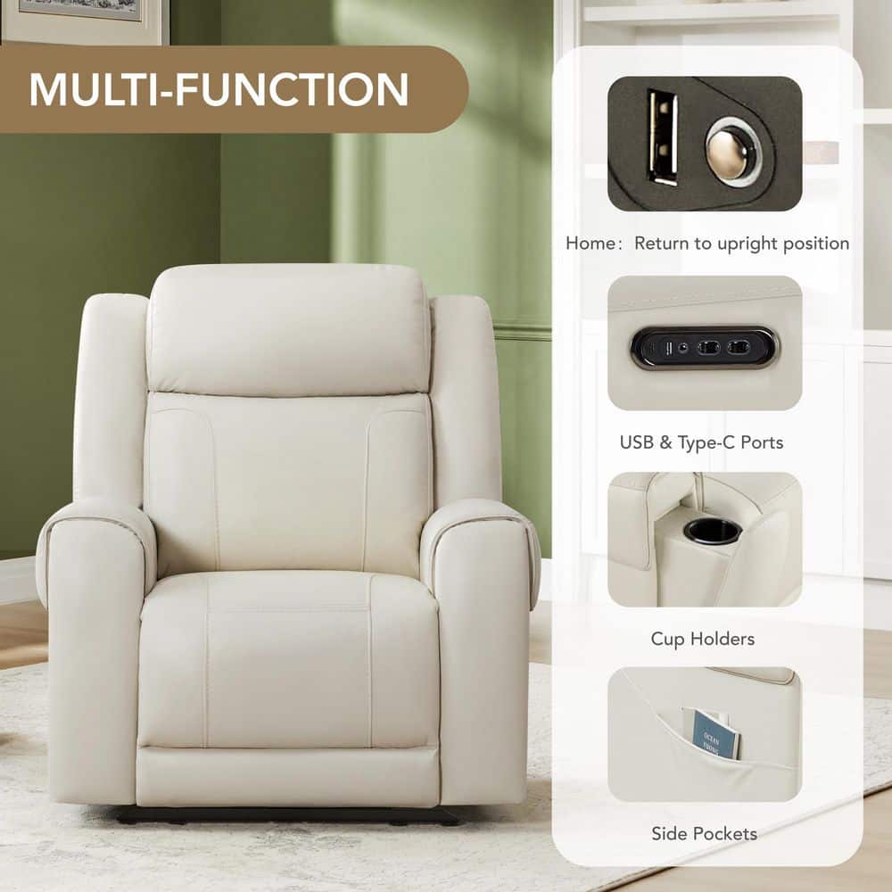 Rhea Dual Motors Cream Genuine Leather Wall Hugger Power Recliner with Cup Holders, Side Pockets, USB&Type-C Ports - thumbnail 5