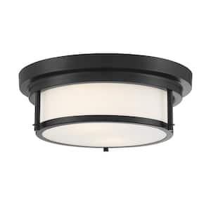 13 in. W x 4.5 in. H 2-Light Matte Black Flush Mount Light with White Glass Cylindrical Shade