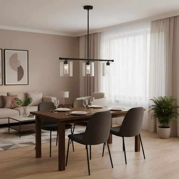 YANSUN 3-Light Matte Black Modern Kitchen Island Integrated LED Linear Pendant Light 3CCT with Clear Glass Shades