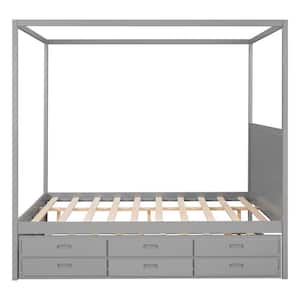 Modern Gray Wood Frame Queen Size Canopy Platform Bed with Twin Size Trundle and Three Storage Drawers for Adults