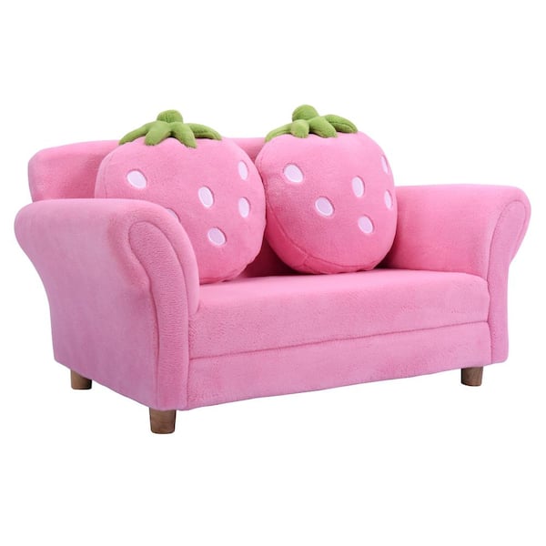 HONEY JOY Cute Pink Sofa Strawbwrry Sponge Filler Upholstered Lounge Kids Sofa with Armrest
