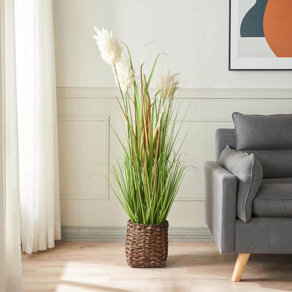 Feathery Pampas 53 in. Green Artificial Grass in Plastic Rattan Basket