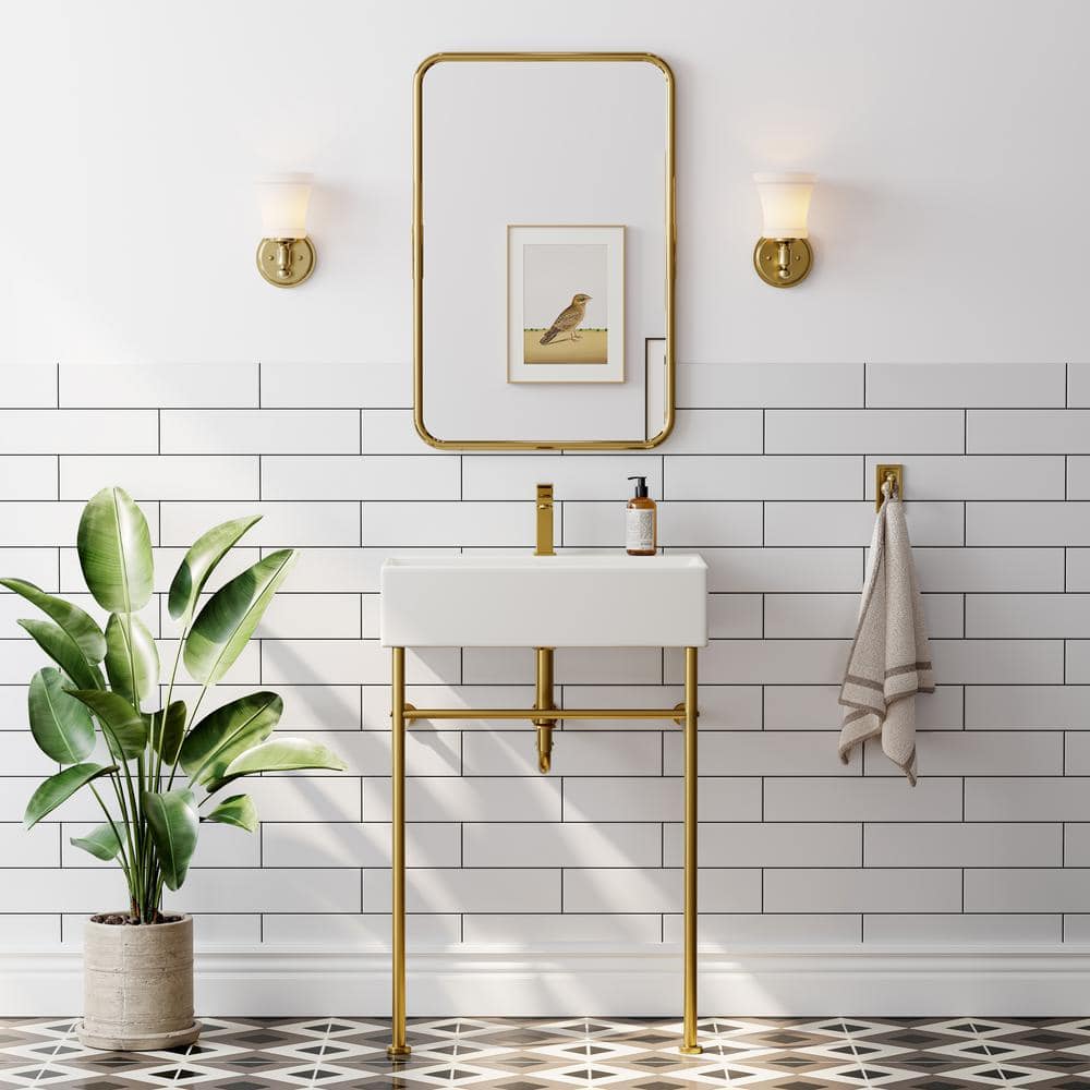 24 Inch White Ceramic Console Sink with Gold Metal Legs