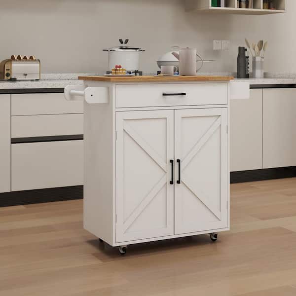 FAMYYT Rolling White Rubber Wood Tabletop 38 in. Kitchen Island with Adjustable Shelves
