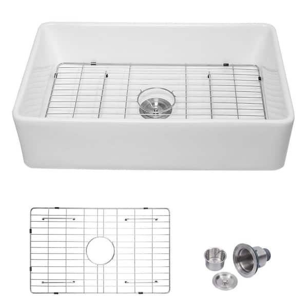 33 in. Undermount/Farmhouse Rectangle Single Bowl White Ceramic Kitchen Sink with Bottom Grid and Strainer Drain