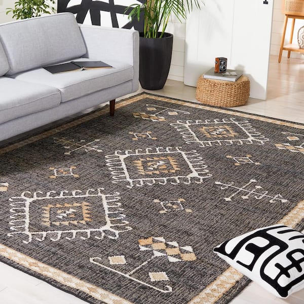Kilim Black/Ivory 12 ft. x 15 ft. Native American Border Area Rug