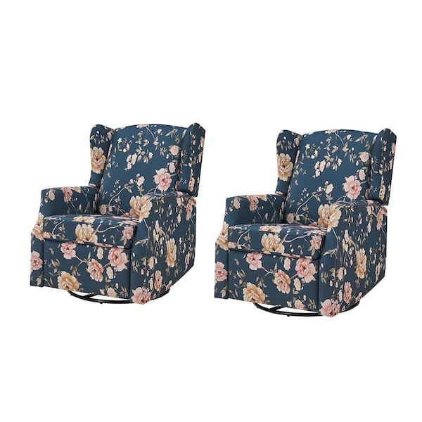 JAYDEN CREATION Celio Blue Floral Printed Swivel Rocker Recliner with Wingback Set of 2