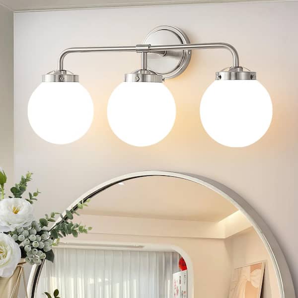 22.5 in. 3-Light Nickel Bathroom Vanity Light with Opal Glass Shades, Bulb not Included
