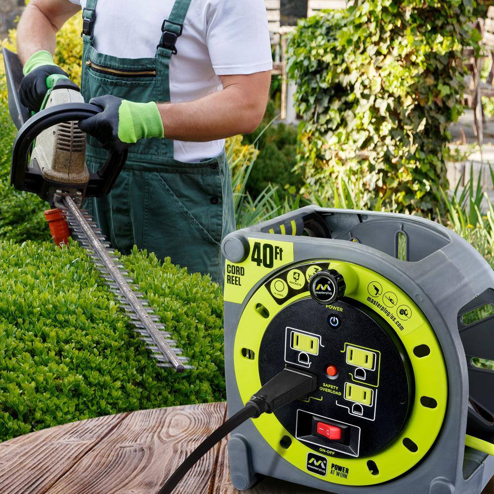 40ft Gray and Yellow PVC Extension Cord Reel with 4 Outlets