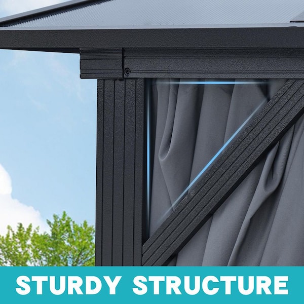 12 ft. x 16 ft. Black Hardtop Gazebo with Polycarbonate Double Roof Pergola, Netting, and Curtain