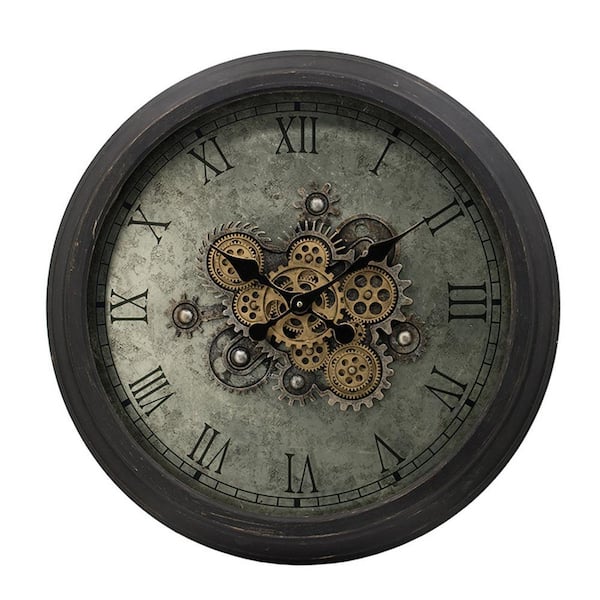Gold and Dark Brown Analog Iron Round Vintage Gear Design Wall Clock