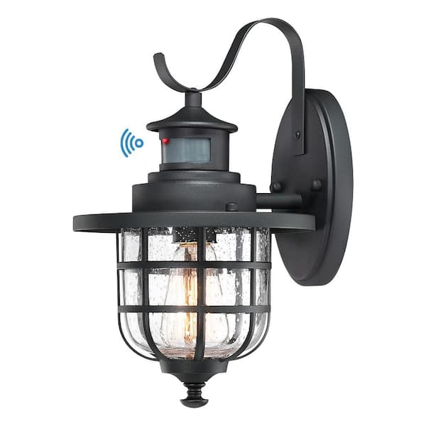 C Cattleya 1-Light Black Motion Sensing Dusk to Dawn Hardwired Outdoor Wall Lantern Sconce with Bulb Included and Seeded Glass