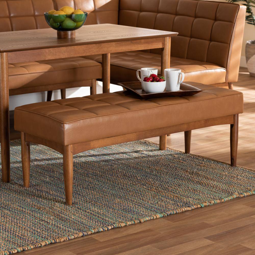 Sanford Tan Faux Leather Walnut Brown Dining Bench